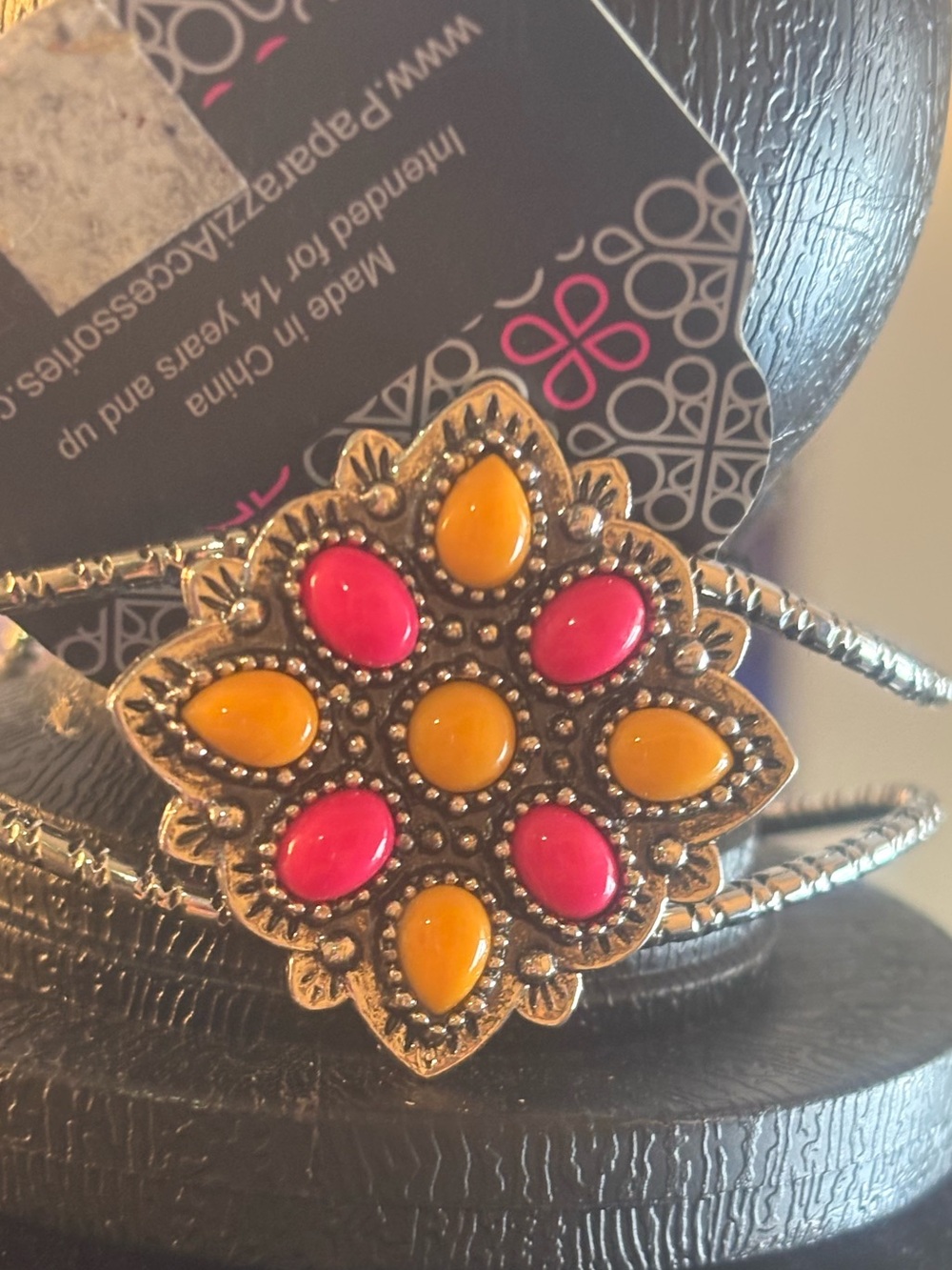 Women's Floral Statement Bracelet with Pink and Yellow Cabochons